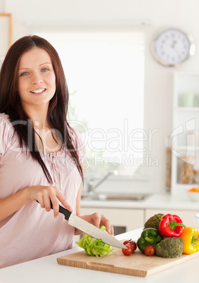 Smiling woman slicing vegetabels