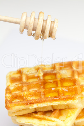 delicious Belgian waffles and stick to honey isolated on white