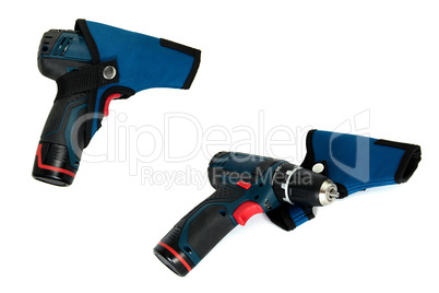 Cordless power tools in a case, isolated on a white background