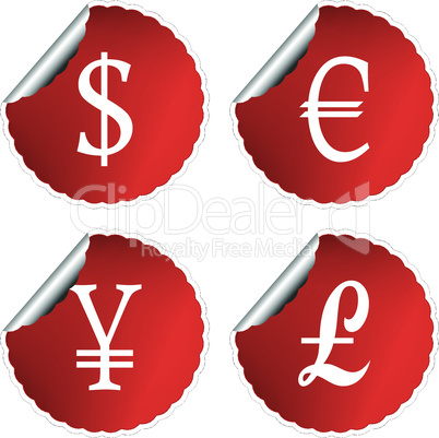 red labels with international currency symbols