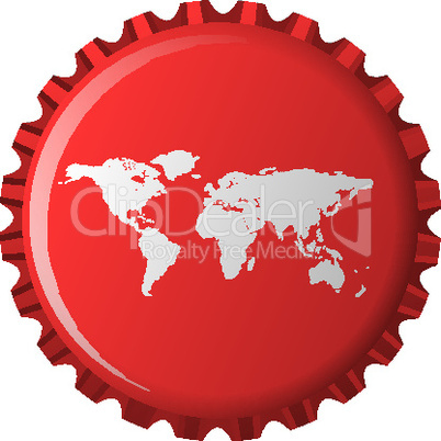 white world map on red bottle cap