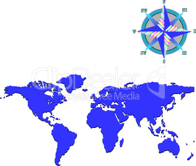 blue world map with wind rose