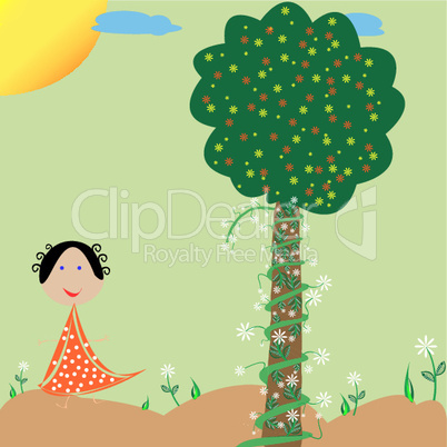 little girl,  flowers and tree