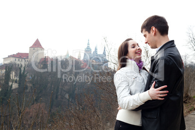 beautiful young love couple in city Prague