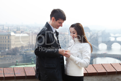 beautiful young love couple in city Prague