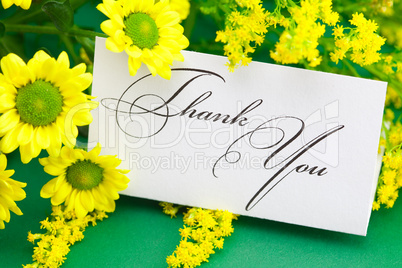 yellow daisy and card signed thank you on green background