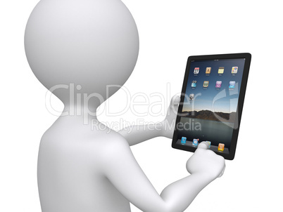 3D man holding a touchpad pc pressing one of the icons