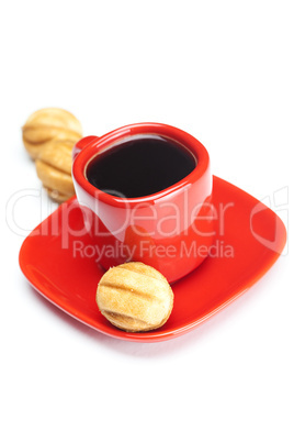 cup with coffee and cake nut isolated on white