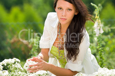 Summer garden beautiful woman care white flowers