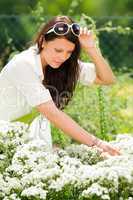 Summer garden beautiful woman white flowers