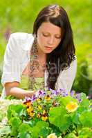Summer garden beautiful woman care color flowers