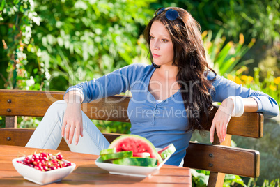 Garden terrace beautiful woman fresh summer fruit