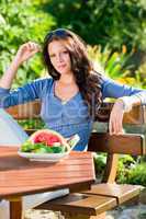 Garden terrace beautiful woman fresh summer melon