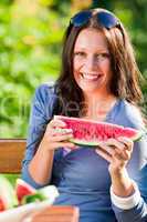 Fresh melon smiling woman sunny day sunny day