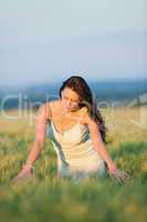 Sunset corn field beautiful brunette woman walk