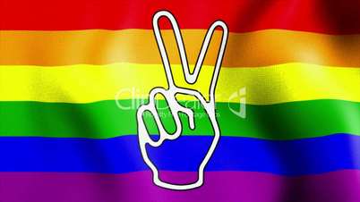 waving rainbow flag victory sign