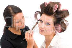 Make-up artist woman fashion model apply eyeshadow