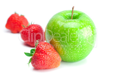 big juicy red ripe strawberries and apple  isolated on white