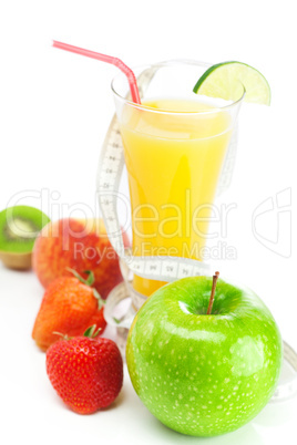 juice,apple,strawberry,peach, kiwi and  and measure tape isolate