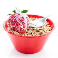 strawberry,milk,fork and wheat in a bowl isolated on white