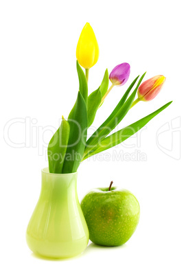 colorful tulips in vase and apple isolated on white