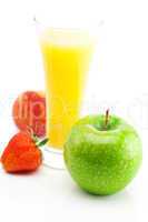 juice,apple,strawberry and peach isolated on white