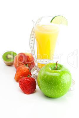 juice,apple,strawberry,peach, kiwi and  and measure tape isolate