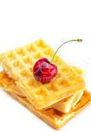 waffles and cherries isolated on white