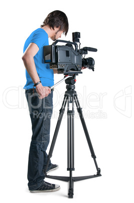 Professional cameraman, isolated on white background