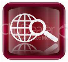 globe and magnifier icon dark red, isolated on white background