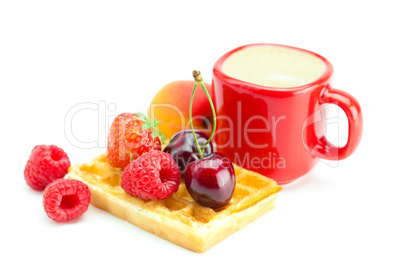 cappuccino cup, waffles,apricot, cherries, strawberries and rasp