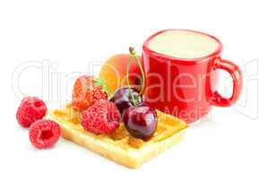 cappuccino cup, waffles,apricot, cherries, strawberries and rasp