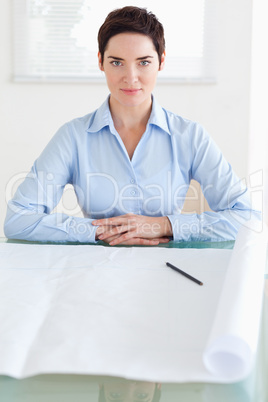 Serious short-haired businesswoman with a architectural plan