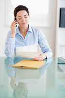 Businesswoman sitting behind a desk with papers on the phone