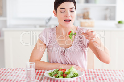 Smiling brunette woman eating salad