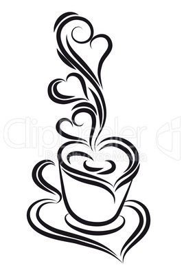 Black and white coffee cup vector. Swirl, curl style.