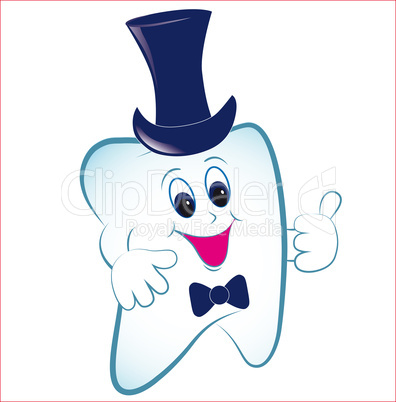 Cartoon tooth with thumb and hat.