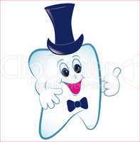 Cartoon tooth with thumb and hat.