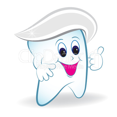 Cartoon tooth with thumb and toothpaste.