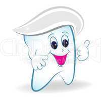 Cartoon tooth with thumb and toothpaste.
