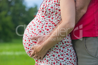 Husband hands on pregnant woman belly