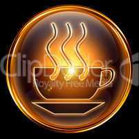 Coffee cup icon gold, isolated on black background