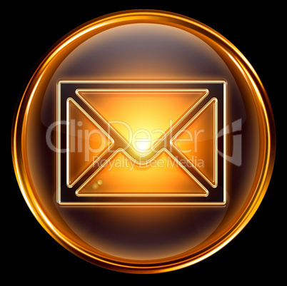 Envelope icon gold, isolated on black background
