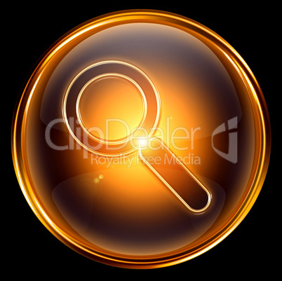 magnifier icon gold, isolated on black background
