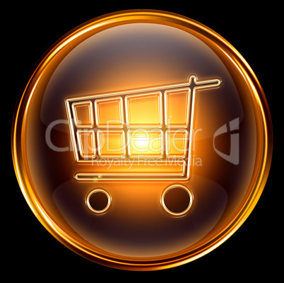 shopping cart icon gold, isolated on black background