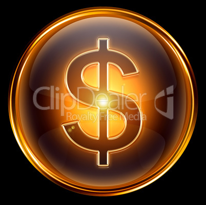 dollar icon gold, isolated on black background.