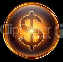 dollar icon gold, isolated on black background.