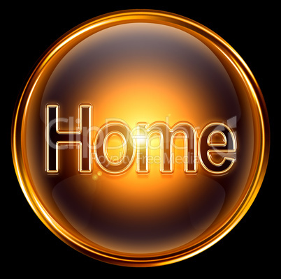 Home icon gold, isolated on black background.