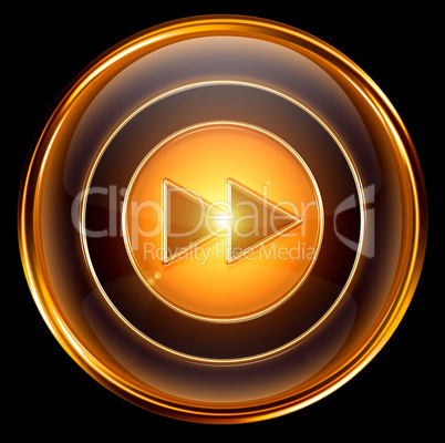 Rewind Forward icon gold, isolated on black background