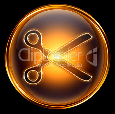 Scissors icon gold, isolated on black background